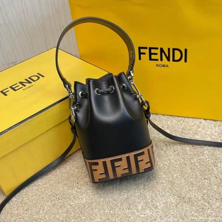 Cheap HOT Brown Tresor Bag Mon Black Motif Fendi Leather Bucket FF Mini In Calf 0713